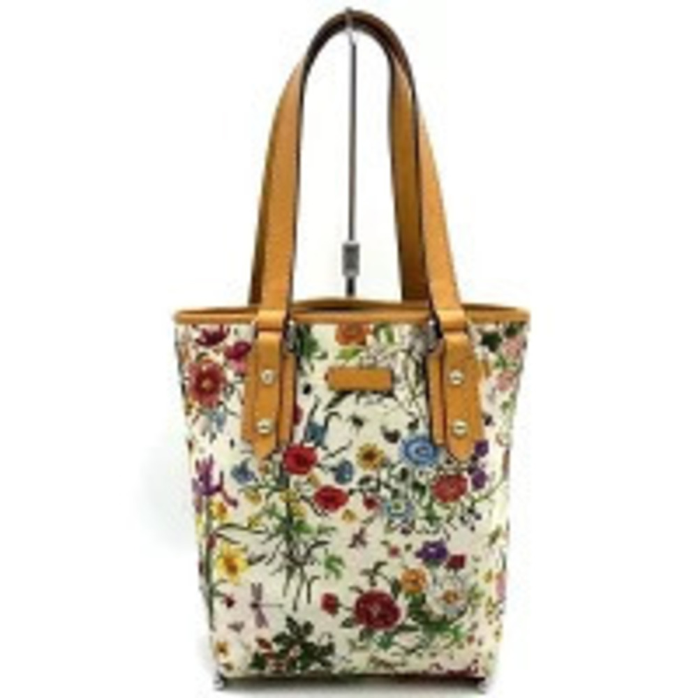 Gucci Flora Flower Tote Bag Handbag Flower Canvas Leather Orange Brown